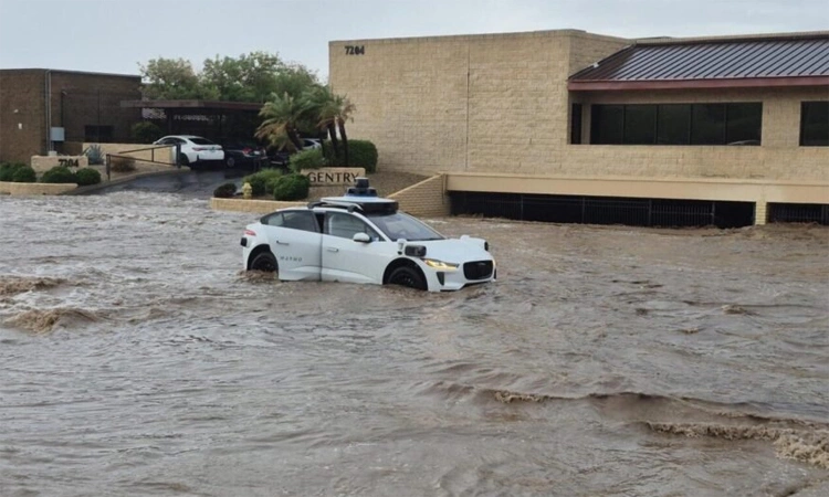 Robotaxi mắc kẹt giữa đoạn đường ngập